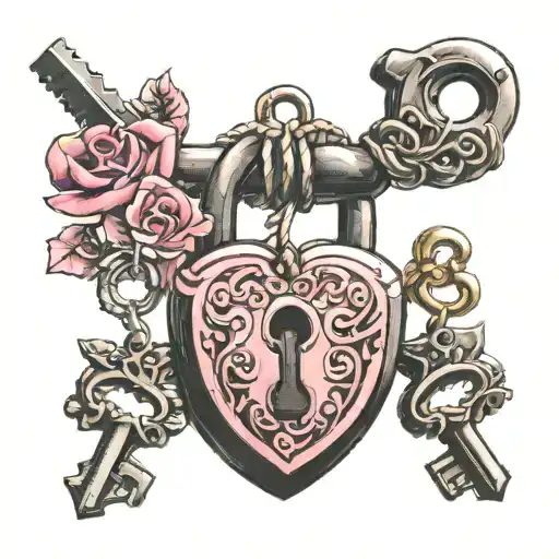 intertwined pink lock and key jewelry tattoo design idea