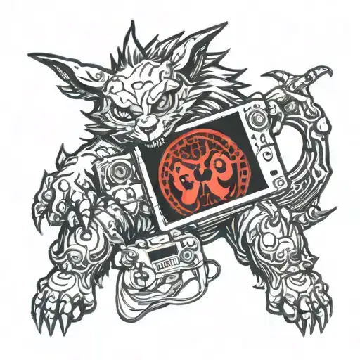 A sketch tattoo of a mythical creature inspired by an anime, holding a game controller in its claw, showcasing the client's passion for animes and video games tattoo design idea