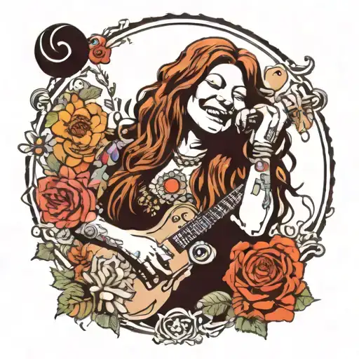 janis joplin with some 60's theme sleeve tattoo design idea
