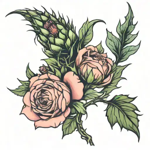 intertwined single English rose and Scottish thistle tattoo design idea