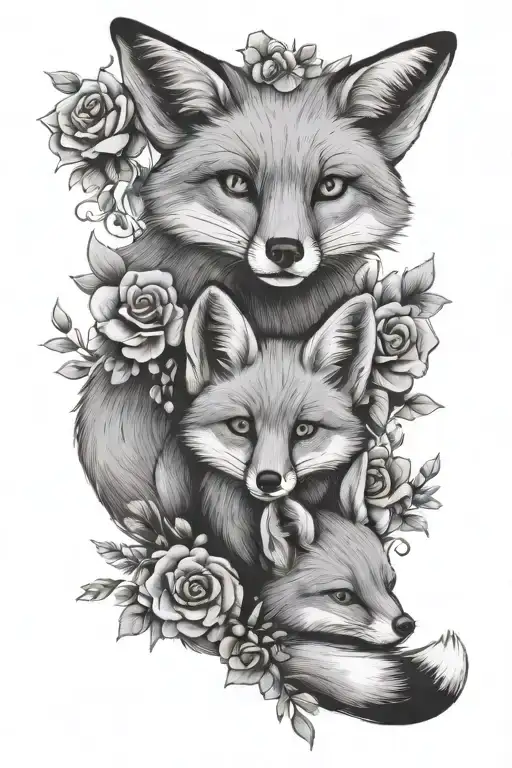 mama and baby fox with flowers tattoo design idea