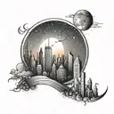 A sunset over a city skyline with architectural elements and a crescent moon in the sky tattoo design idea