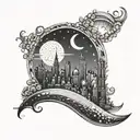 A sunset over a city skyline with architectural elements and a crescent moon in the sky tattoo design idea
