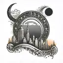 A sunset over a city skyline with architectural elements and a crescent moon in the sky tattoo design idea