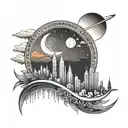 A sunset over a city skyline with architectural elements and a crescent moon in the sky tattoo design idea
