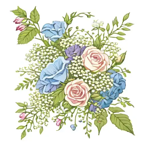 roses honeysuckle aster and morning glory bouquet with babys breath tattoo design idea