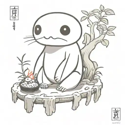 Kodama spirit of the forest of the work Ghibli is sitting on a sushi tattoo design idea