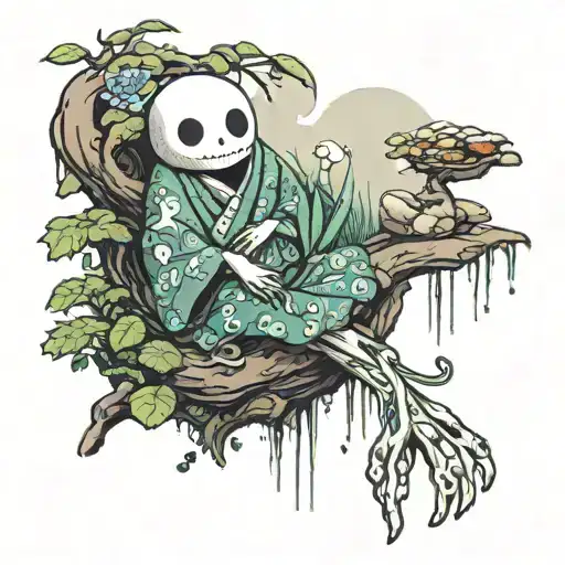 kodama forest spirit from the work Ghibli sits on a sushi tattoo design idea