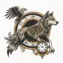 wolf and eagle and clock face tattoo design idea