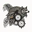 wolf and eagle and clock face tattoo design idea
