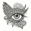 eye with tear drops surrounding clouds with wings spread tattoo design idea