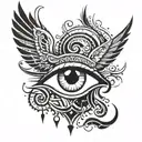 eye with tear drops surrounding clouds with wings spread tattoo design idea
