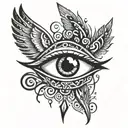 eye with tear drops surrounding clouds with wings spread tattoo design idea