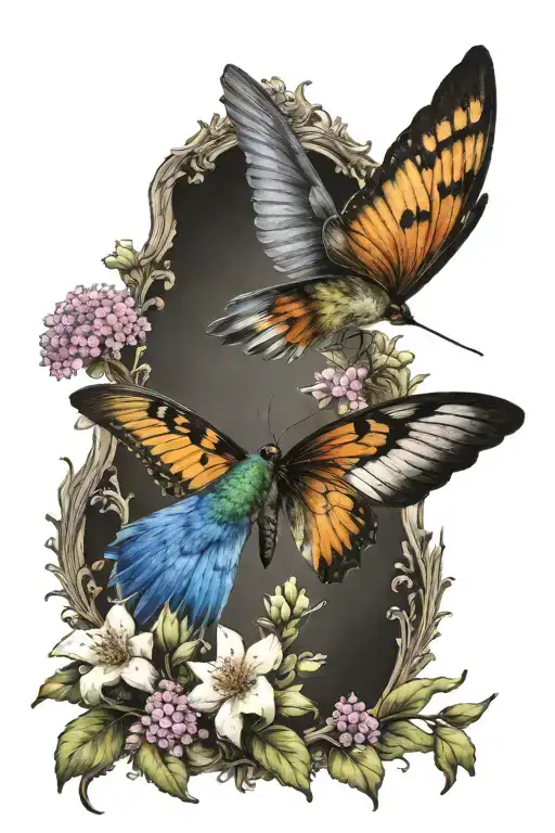 tree butterfly hummingbird flowers tattoo design idea