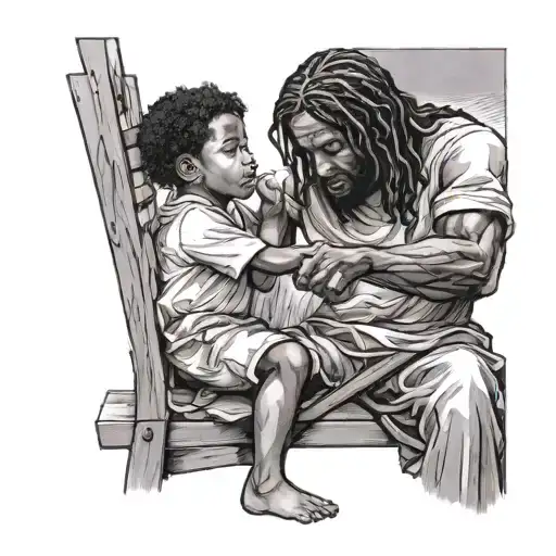 a  black kid upset sitting down without a dad but you can see Jesus helping him back up and Jesus is healing him  tattoo design idea