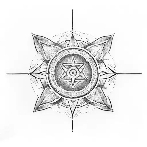 Create a dotwork tattoo featuring a heartagram surrounded by lean bottles and Xanax pills tattoo design idea