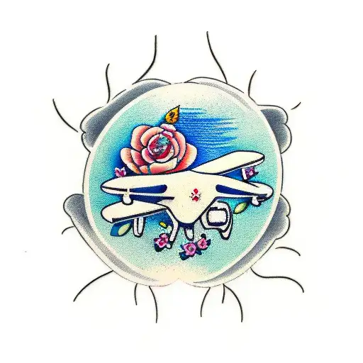 broken drone arm with bent prop and flower's  tattoo design idea
