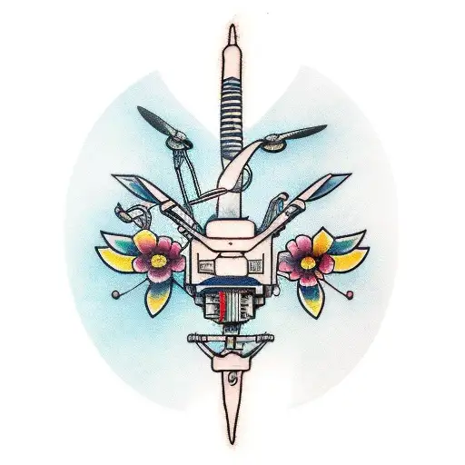 brken drone arm with bent prop and flower's  tattoo design idea