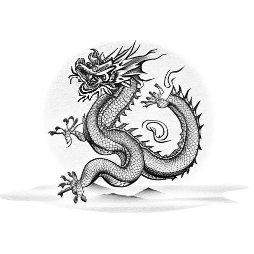 Chinese dragon with square and cherry blossom tree tattoo design idea