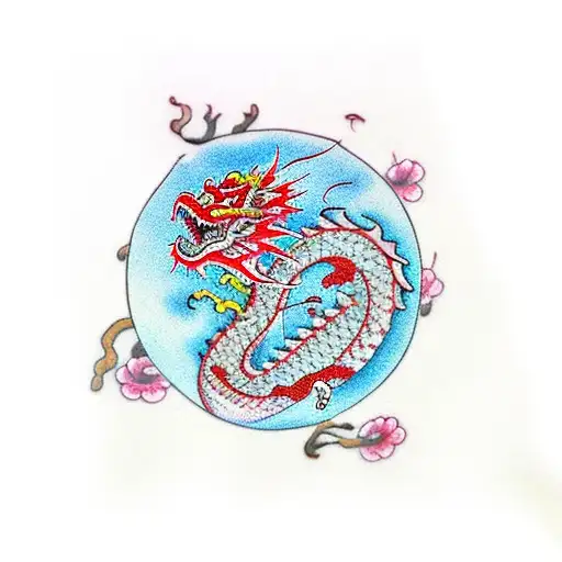 Chinese dragon with square and cherry blossom tree tattoo design idea