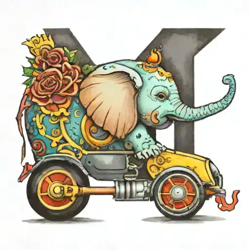 the letter H with a water color elephant and a toy hot rod car by it  tattoo design idea