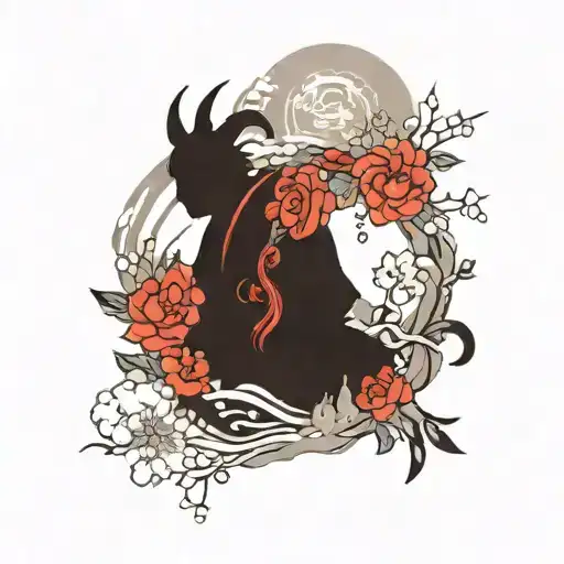 in the gray smoke silhouettes of sakura, roses and the seven demons tattoo design idea