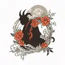 in the gray smoke silhouettes of sakura, roses and the seven demons tattoo design idea