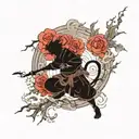 in the gray smoke silhouettes of sakura, roses and the seven demons tattoo design idea