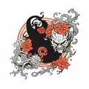 in the gray smoke silhouettes of sakura, roses and the seven demons tattoo design idea
