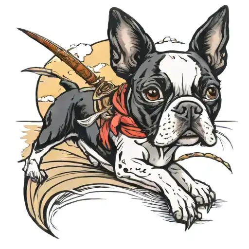 Boston terrier beach scene tattoo design idea
