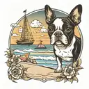 Boston terrier beach scene tattoo design idea
