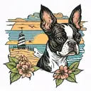 Boston terrier beach scene tattoo design idea