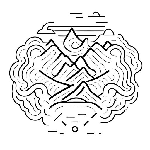 A mountain range forming the silhouette of a bow and arrow, with waves crashing at its base tattoo design idea