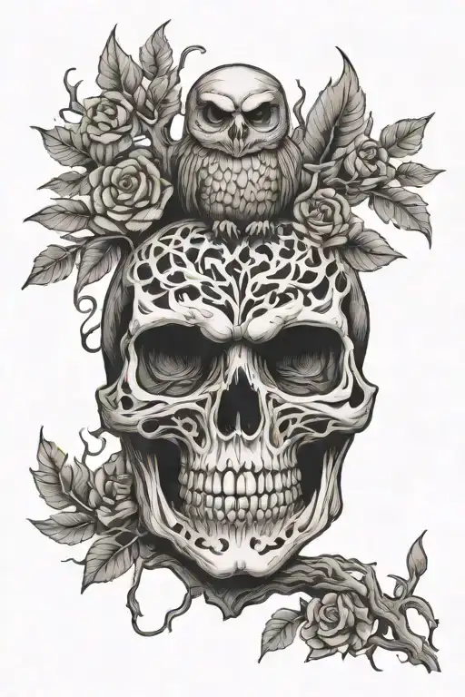 skull owl flame tree tattoo design idea
