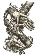 hands reaching to each other , semi colon cancer ribbon tattoo design idea