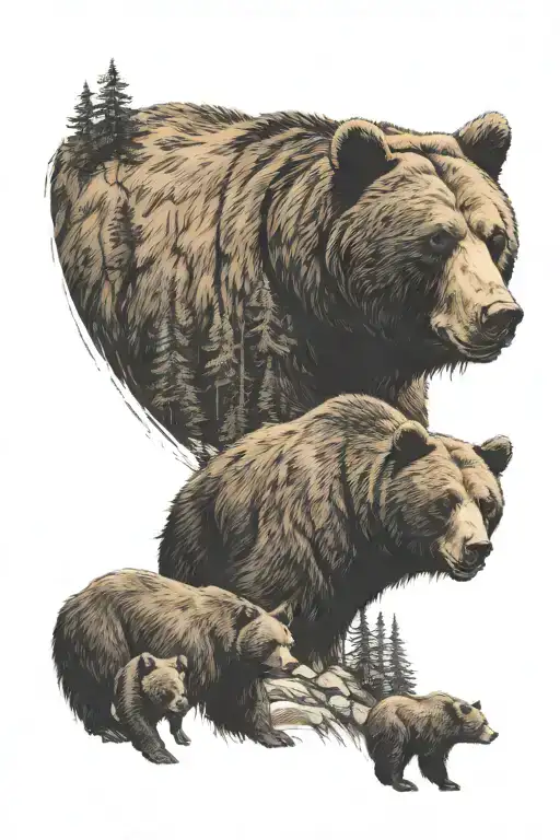 Bear family with 3 children, father only head and angrily roaring, background forest with lake tattoo design idea