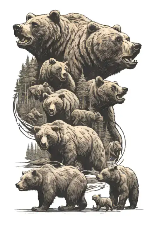 Bear family with 3 children, father roars with teeth, children play. Background forest with lake tattoo design idea