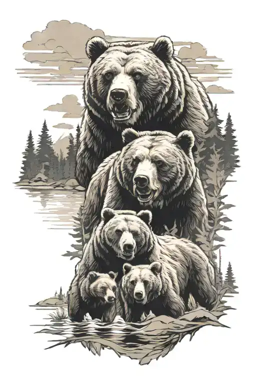 Bear family with 3 children, father roars with teeth, background forest with lake tattoo design idea