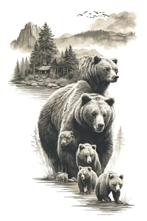 Bear family with 3 children, father roars, background forest and lake tattoo design idea