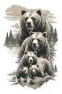 Bear family with 3 children, father roars with teeth, background forest with lake tattoo design idea