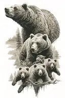 Bear family with 3 children, father roars with teeth, background forest with lake tattoo design idea