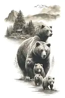 Bear family with 3 children, father roars, background forest and lake tattoo design idea