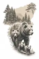 Bear family with 3 children, father roars, background forest and lake tattoo design idea