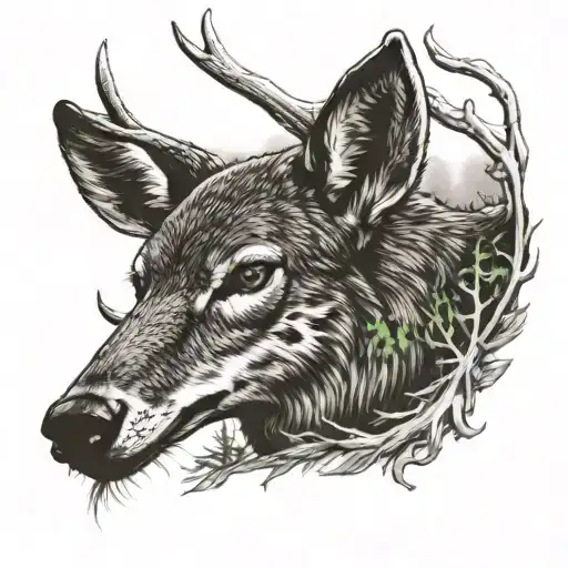 whitetail buck bow hunting scene with coyote howling tattoo design idea