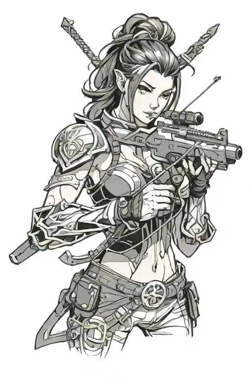Shauna Vayne from league of legends Armed with a wrist-mounted crossbow striking from the shadows with a flurry of silve tattoo design idea