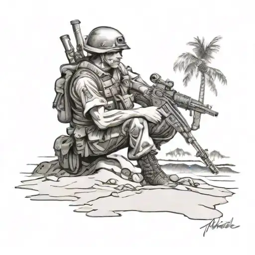 Tribute to the infantry with a black and grey tattoo of a soldier on the beaches of Maui tattoo design idea