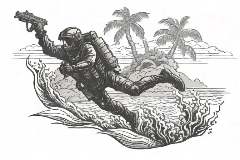 Maui hawaii landscape with a silhouette of a Marine Corps soldier diving deep into the sea tattoo design idea