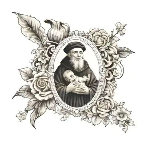 Circular tattoo of the image on a st Anthony blessed relic with a young friar holding baby Jesus with a lily and a book tattoo design idea