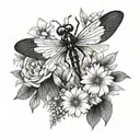 A dragonfly with makeup-inspired wings resting on a bed of flowers tattoo design idea