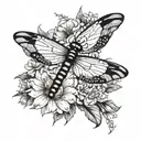 A dragonfly with makeup-inspired wings resting on a bed of flowers tattoo design idea
